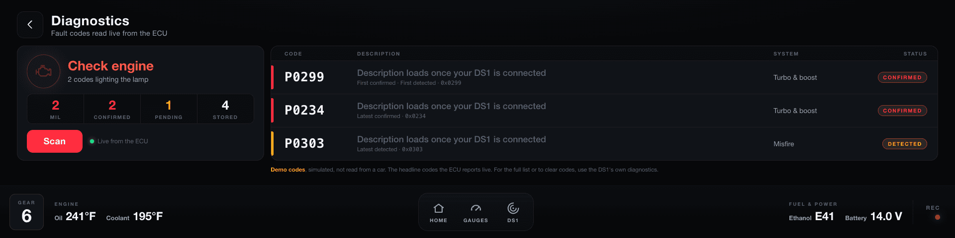 Diagnostics screen showing the check-engine status and a list of fault codes