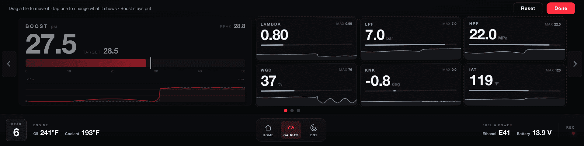 Gauge editing mode with Reset and Done buttons