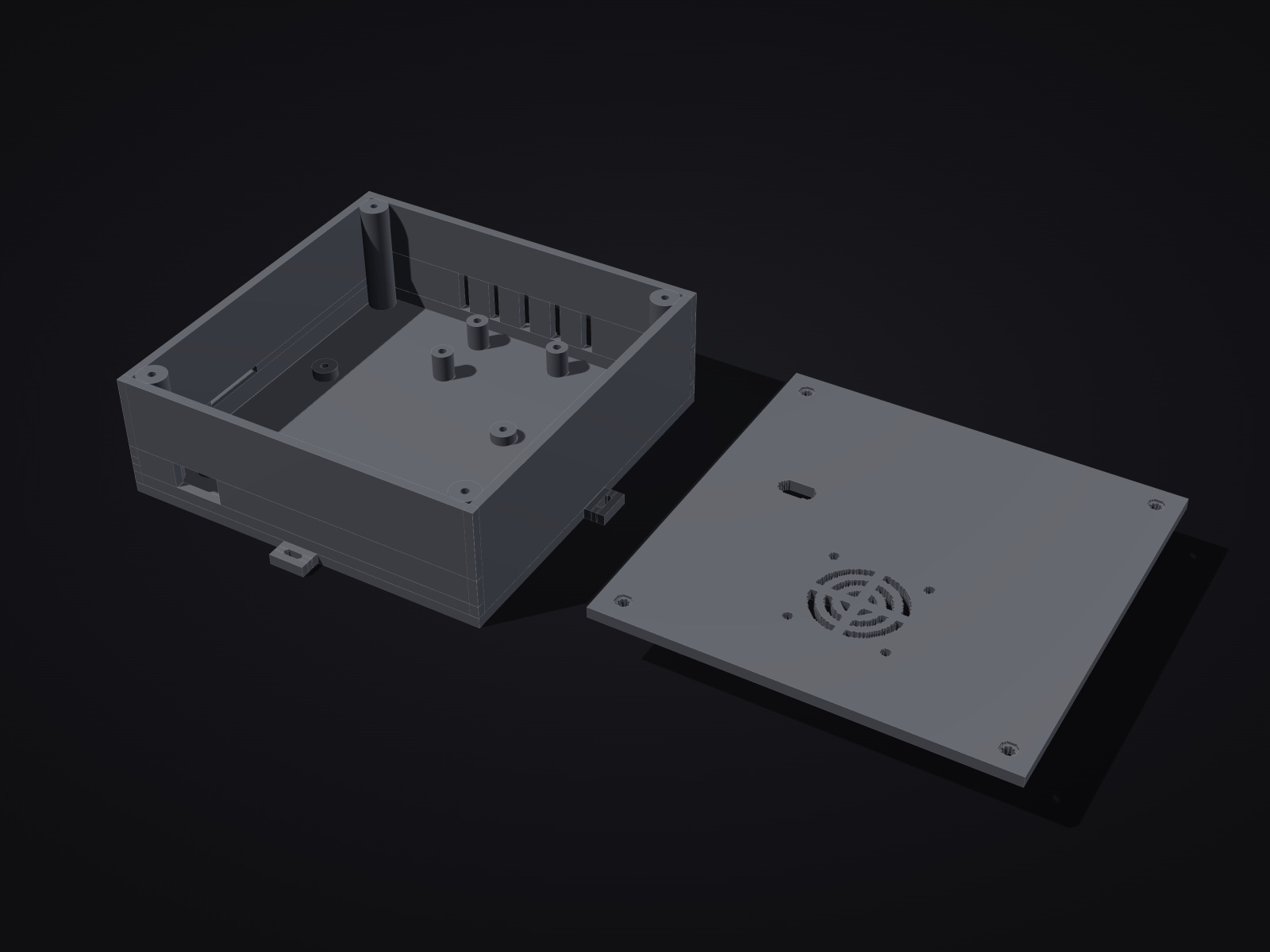 Render of the Pi 4 enclosure with the lid off, showing the Pi posts and the clock bay