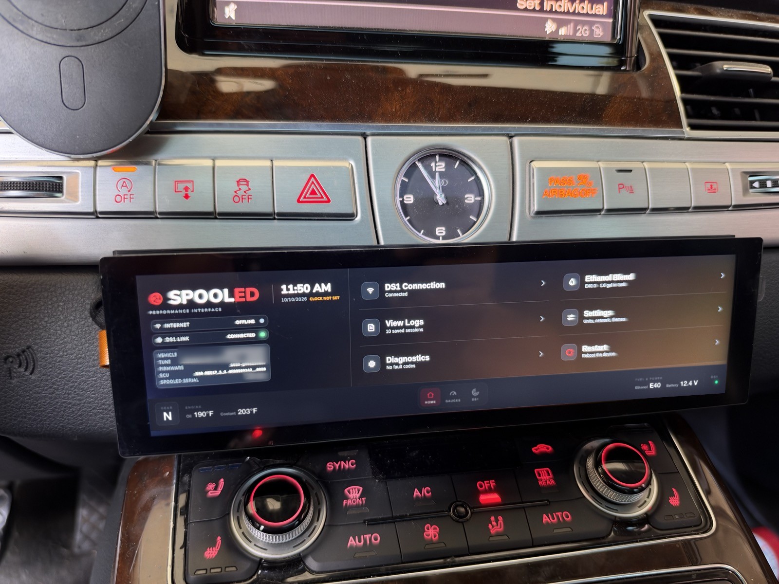 Spooled Dash installed in an Audi A8 / S8 (D4), showing the home screen
