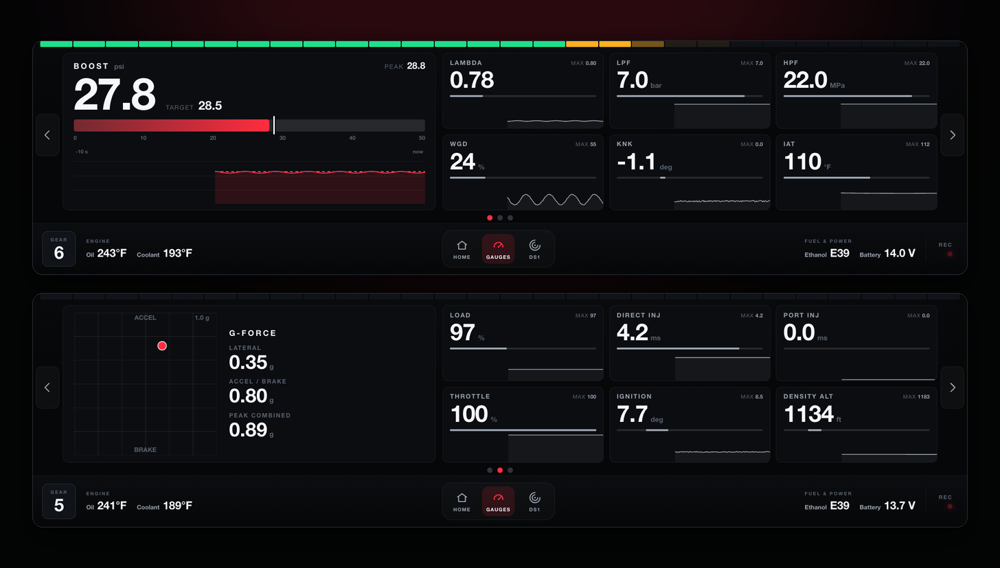 Spooled Dash interface — a wide boost bar with its target, reading tiles, and the G-force page